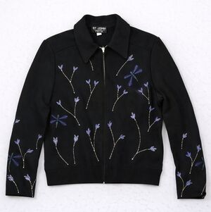 St. John Collection Black Zip-Front Jacket with Dragonfly Embroidery-Beautiful!